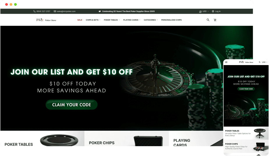 Desktop and mobile view of MRC Poker's website which features a luxurious and exclusive feeling.