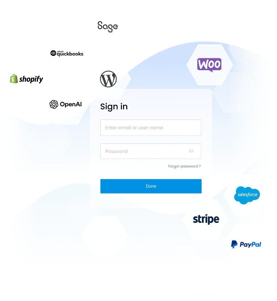 Hexagon grid with logos of platforms like Shopify, WordPress, and PayPal surrounds a central login panel.