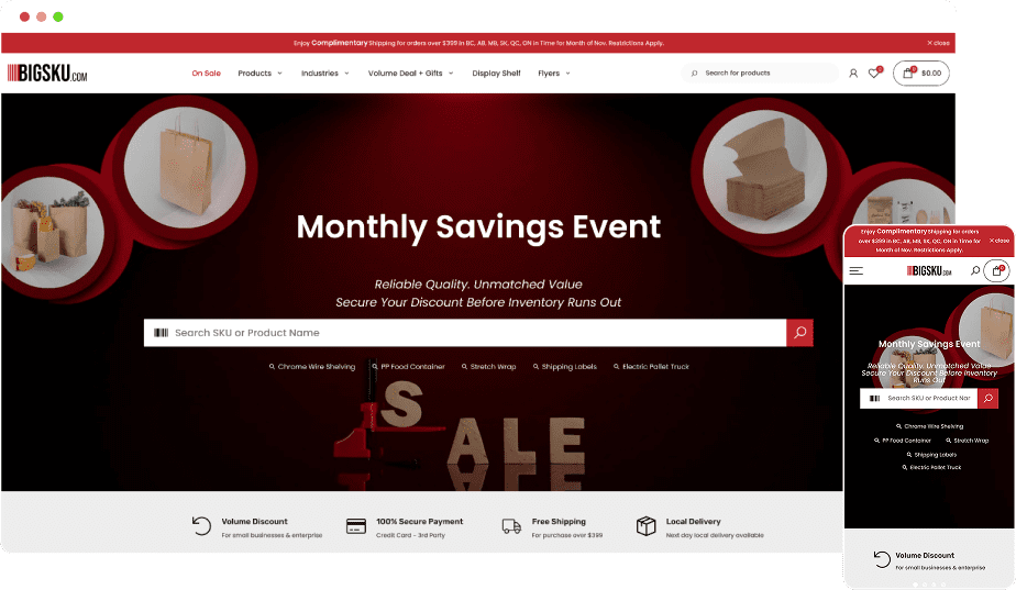 A desktop and mobile view of BigSKU's website giving an utilitarian, bold, and commercial feeling