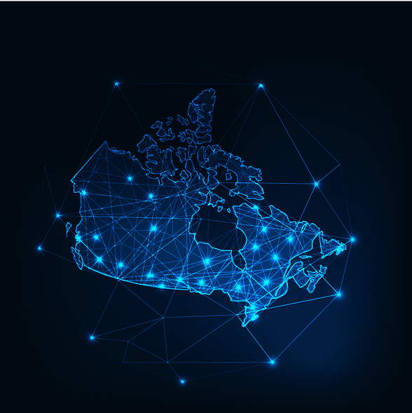 Digital blue map of Canada with glowing network lines and nodes, set against a dark background, conveying a sense of technology and connectivity.