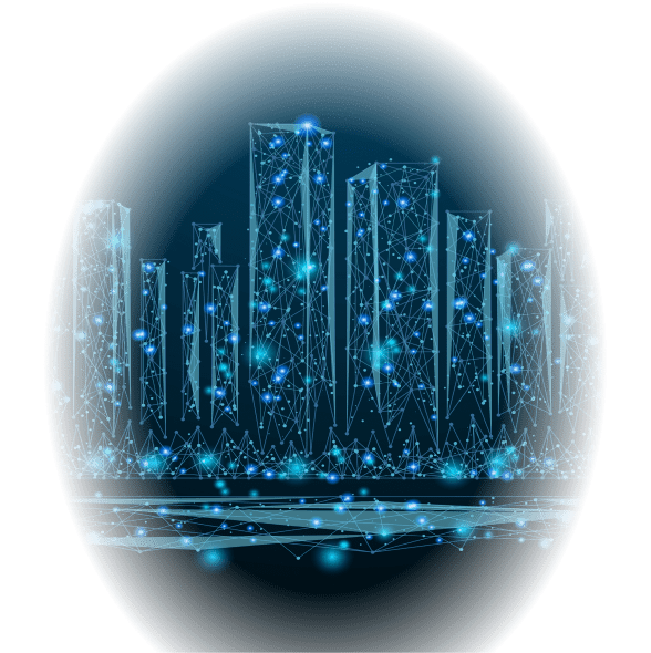 Futuristic digital cityscape with glowing blue lines and nodes forming skyscrapers against a dark background, conveying a high-tech ambiance.