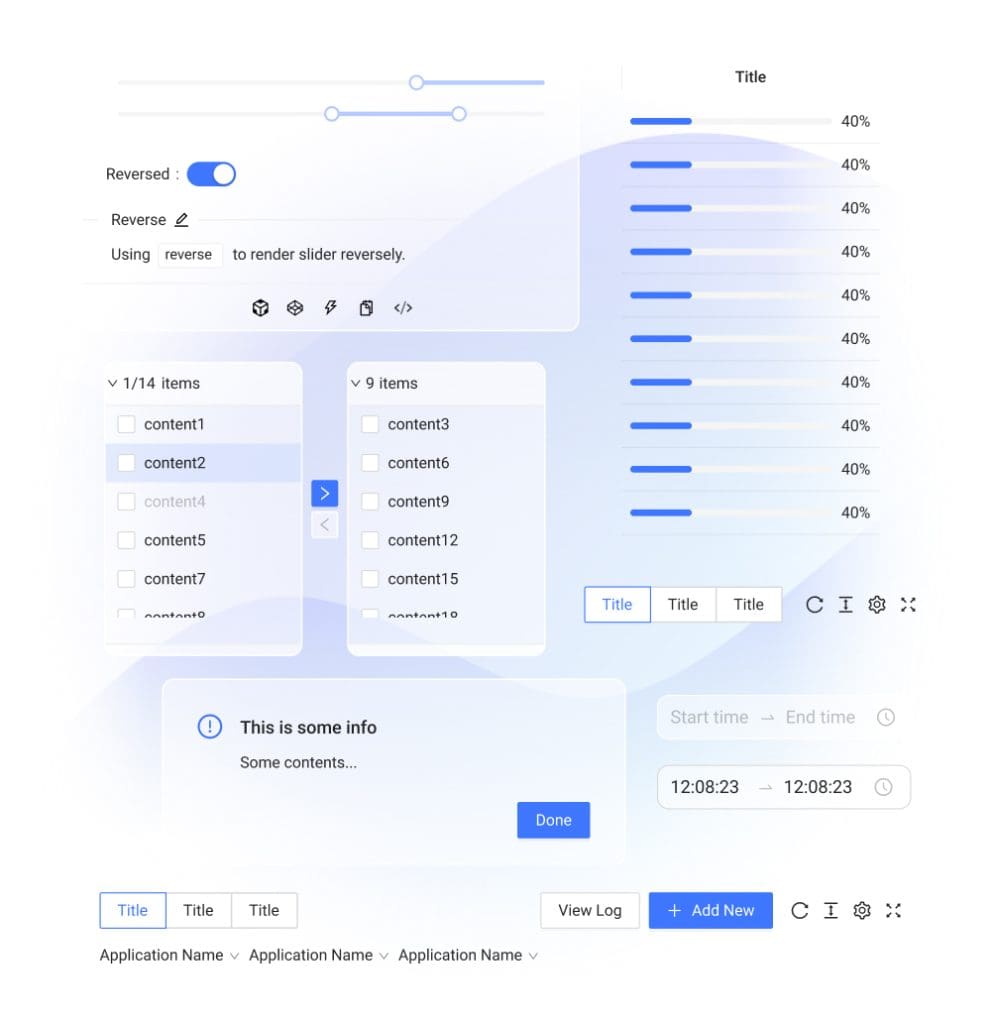 A digital interface showing toggles, sliders at 40%, checklists, and informational panels. The design is modern with a soft blue gradient.