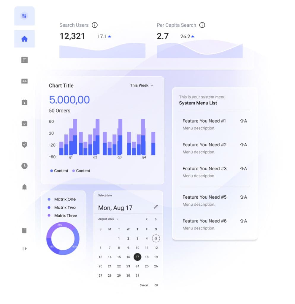 Dashboard interface in purple and white with charts, graphs, and menu items. Features bar graph, pie chart, calendar, and system menu list. Clean, modern design.