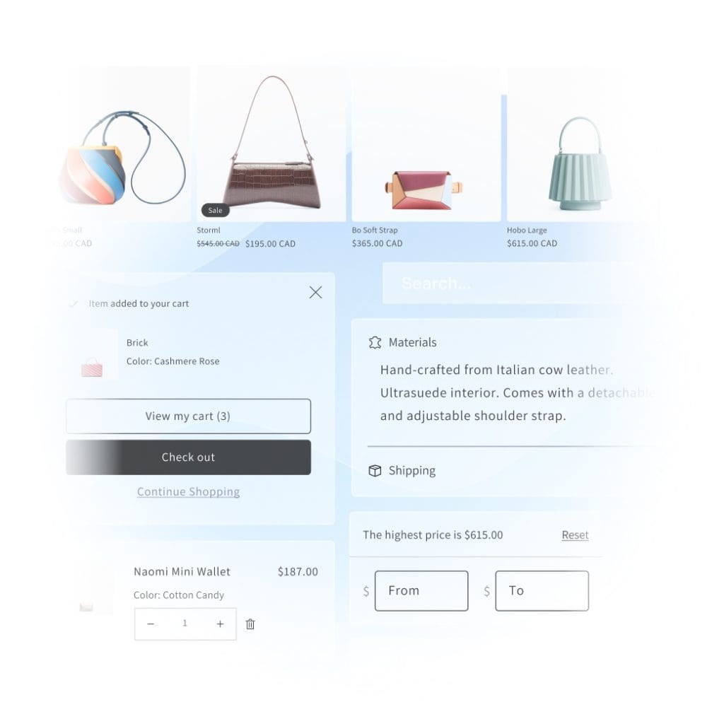 Shopping website interface showing handbags and wallet options with prices, a cart summary, search bar, and product details on materials and shipping.