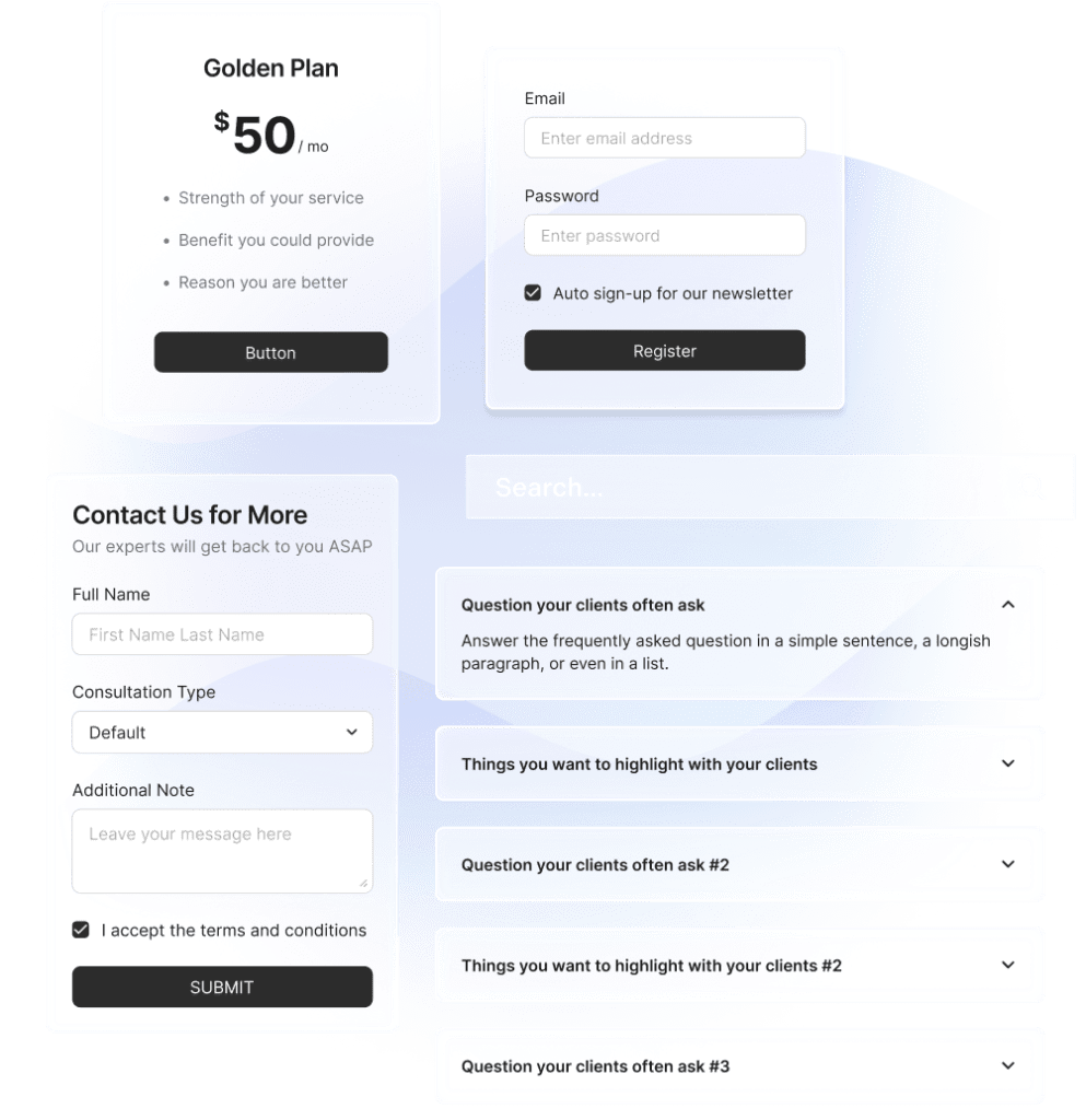 Web interface with a pricing plan, registration form, contact form, search bar, and FAQ sections on a blue gradient background.