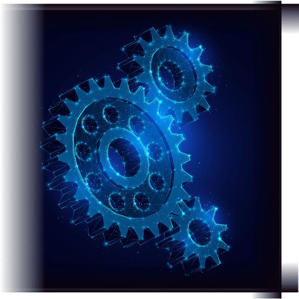 Three interconnected digital gears glow in blue against a dark background, symbolizing technology and innovation.