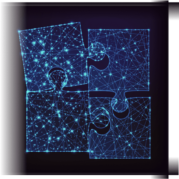 Four glowing puzzle pieces with interconnected lines and dots form a neural network pattern on a dark background, symbolizing technology and connectivity.