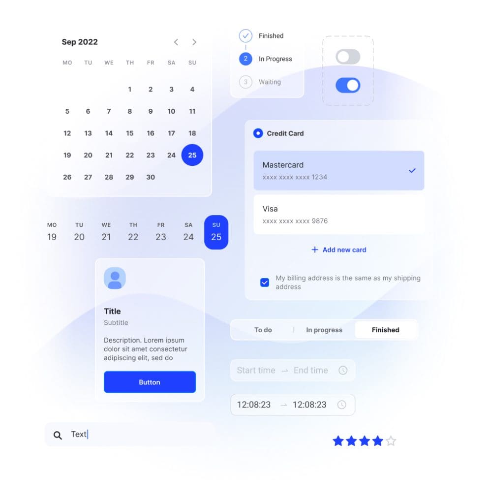User interface mockup showcasing a calendar, credit card selection, progress toggle, search bar, and rating stars. Clean design with a modern aesthetic.
