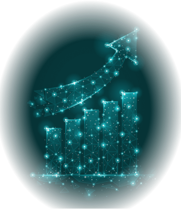 Futuristic teal glowing bar chart with rising arrow made of connected dots, symbolizing growth and progress, set against a dark background.