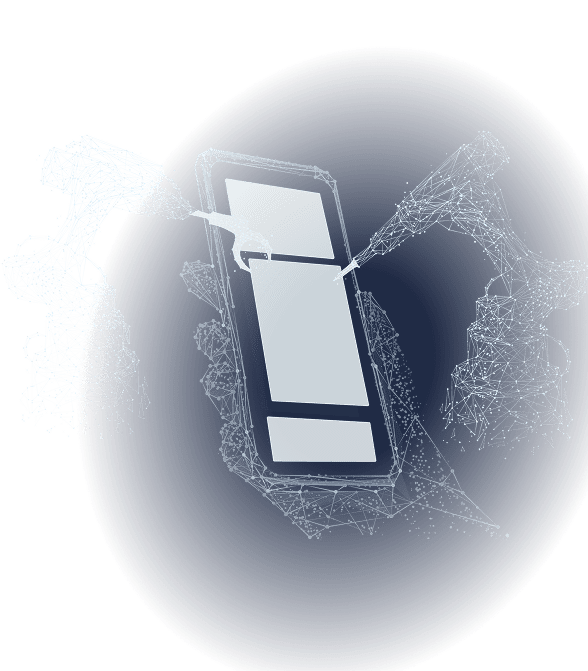 Digital illustration of robotic arms assembling a smartphone, with wireframe structures on a dark blue background, conveying app development and advanced technology.