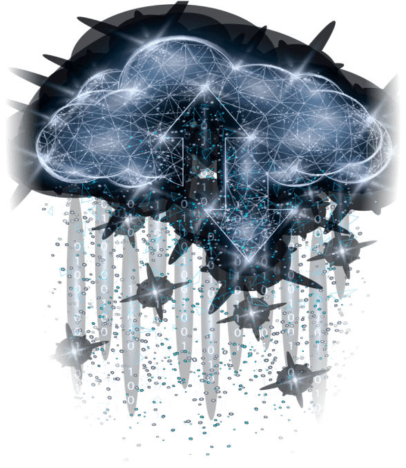 A digital cloud with a network-like pattern and glowing binary code beneath. Up and down arrows symbolize data transfer, conveying a high-tech theme.