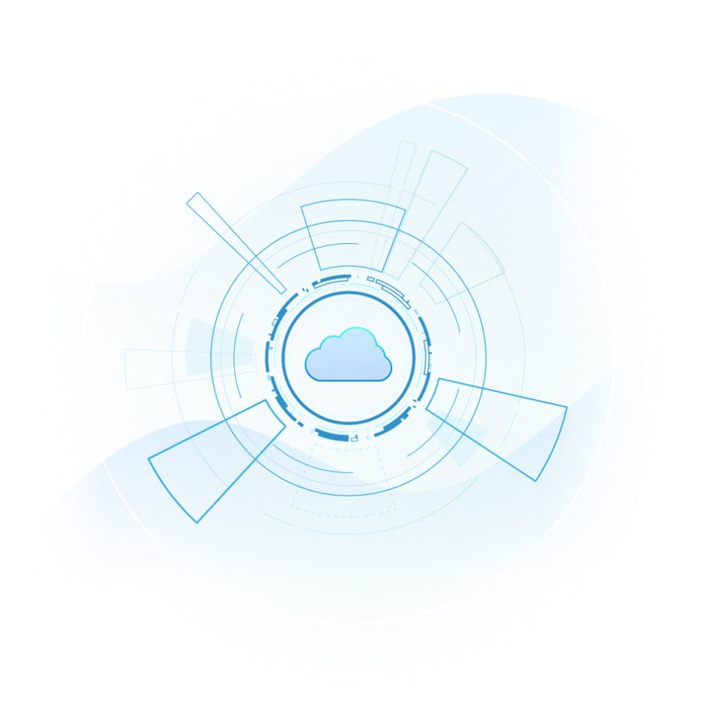 Abstract image of a technology-focused circular design with a blue cloud icon at the center, surrounded by geometric lines and shapes on a light background.