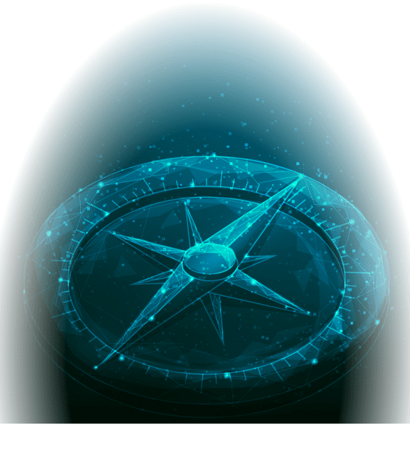 Futuristic digital compass with glowing blue geometric lines and starry background, conveying navigation and technological innovation.