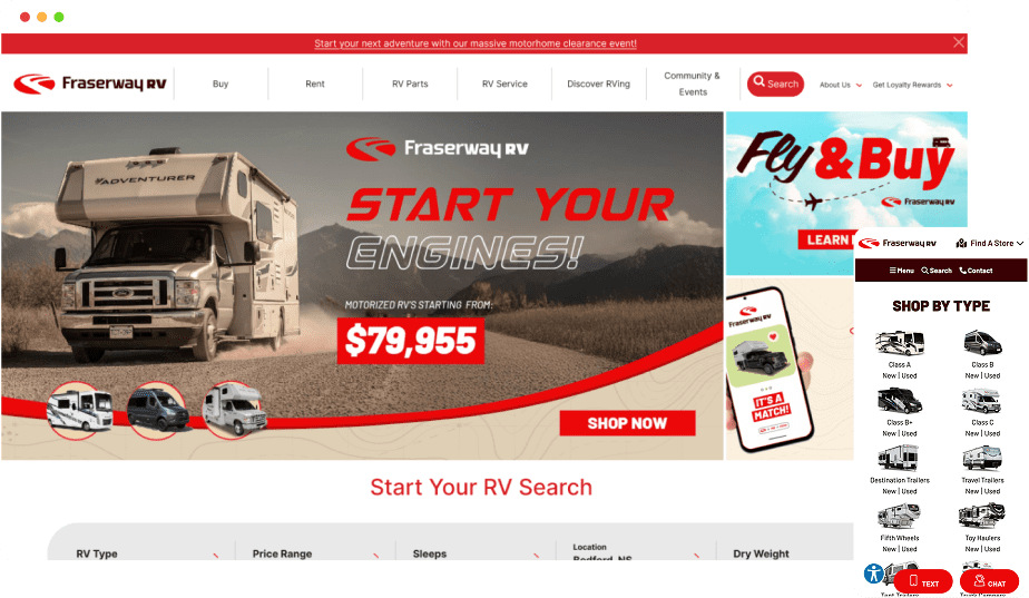 Fraserway RV website featuring a bright and adventurous tone.