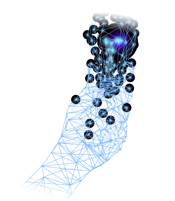 A digital illustration of a hand formed by blue interconnected lines, holding a glowing geometric lightbulb. The futuristic design conveys innovation.
