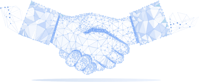 A geometric, digital-style handshake in shades of blue, symbolizing technology and partnership. The design features mesh and triangular elements.
