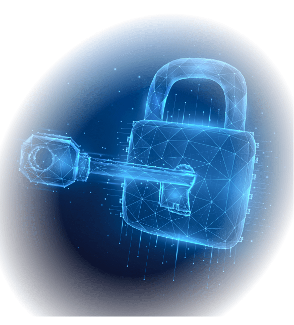Digital illustration of a glowing blue lock with a key, composed of geometric lines and points, conveying themes of cybersecurity and encryption.