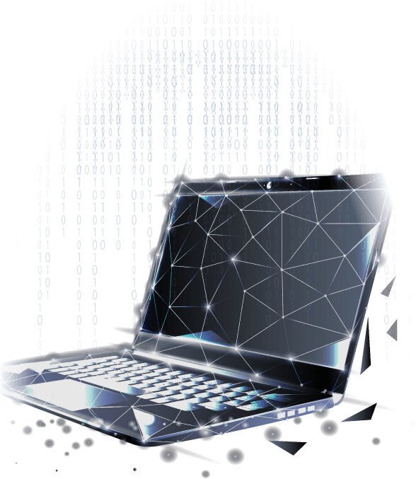 Futuristic laptop with a geometric design sits against a backdrop of falling binary code, conveying a theme of technology and digital security.
