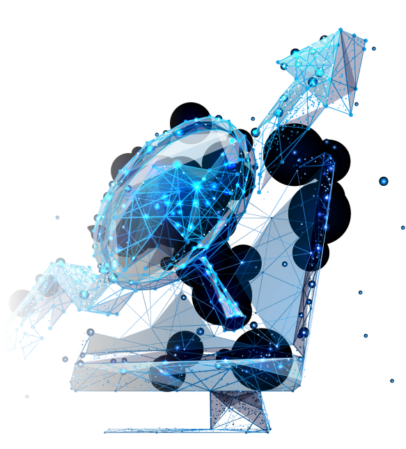 Futuristic digital concept of a magnifying glass and upward arrow on a computer screen. Blue wireframe design conveys innovation and analysis.