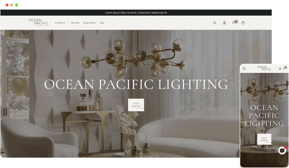 Ocean Pacific Lighting website on a desktop and mobile screen featuring a chic and tranquil ambiance.