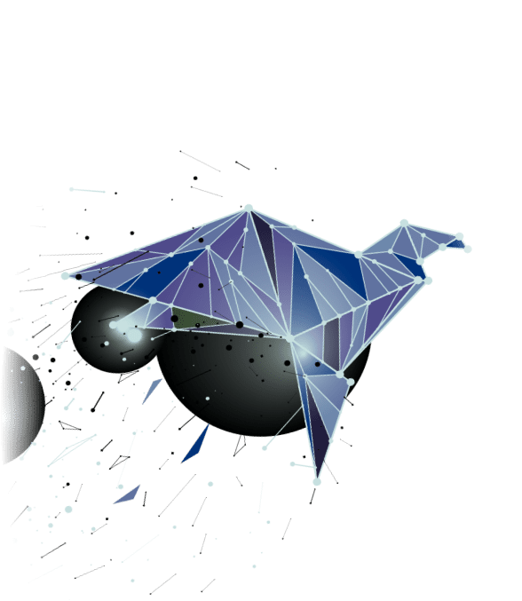A geometric bird made of blue and purple triangles appears to fly forward, conveying motion and energy.