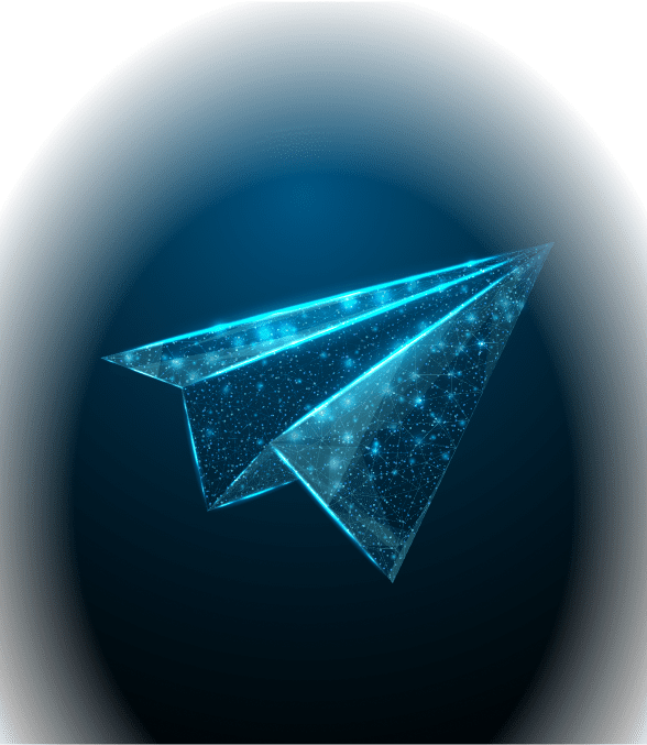 Digitally rendered paper airplane made of glowing blue lines and dots against a dark blue background, conveying innovation and technology.