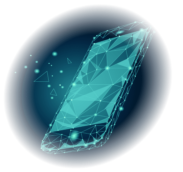 Digital illustration of a smartphone made from neon blue geometric lines, glowing with a futuristic feel against a dark gradient background