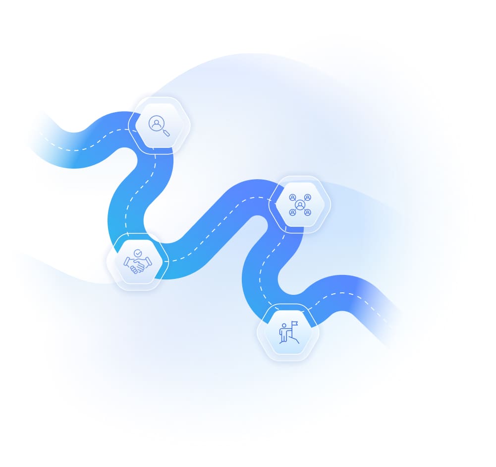 A winding blue path with icons in hexagons: a megaphone, handshake, group, and person with a flag. Represents a journey or process in soft hues.