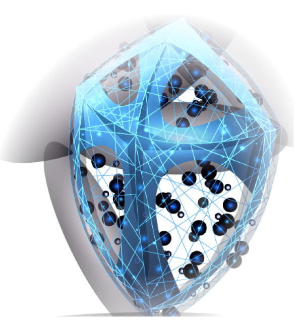A digital shield with a blue geometric network sits in a glossy black sphere, symbolizing cybersecurity and protection. The tone is futuristic and secure.
