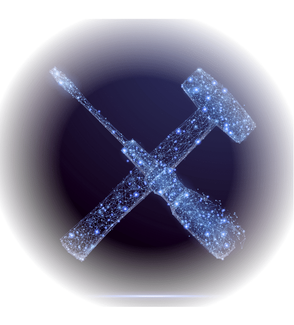 A digital rendering of a screwdriver and hammer crossed, formed by glowing blue network lines and dots, set against a dark background, conveying innovation.