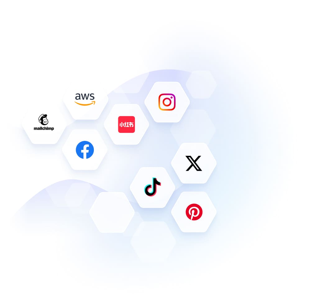Hexagonal icons of popular social media and tech platforms, including Instagram, Facebook, TikTok, and Pinterest, arranged in a sleek, modern layout.