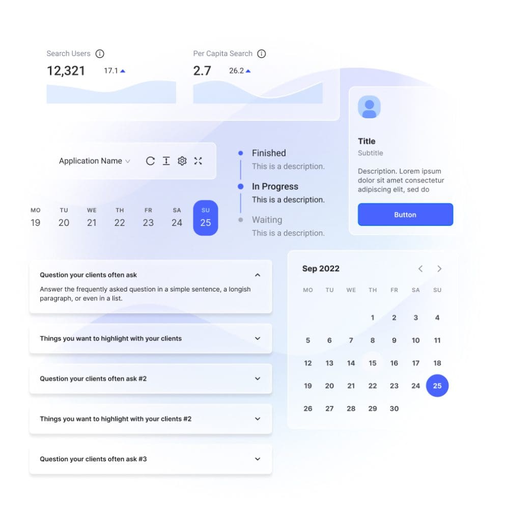 Dashboard interface displaying search user statistics, application status, and a calendar for September 2022. Includes dropdown FAQs and a button panel.